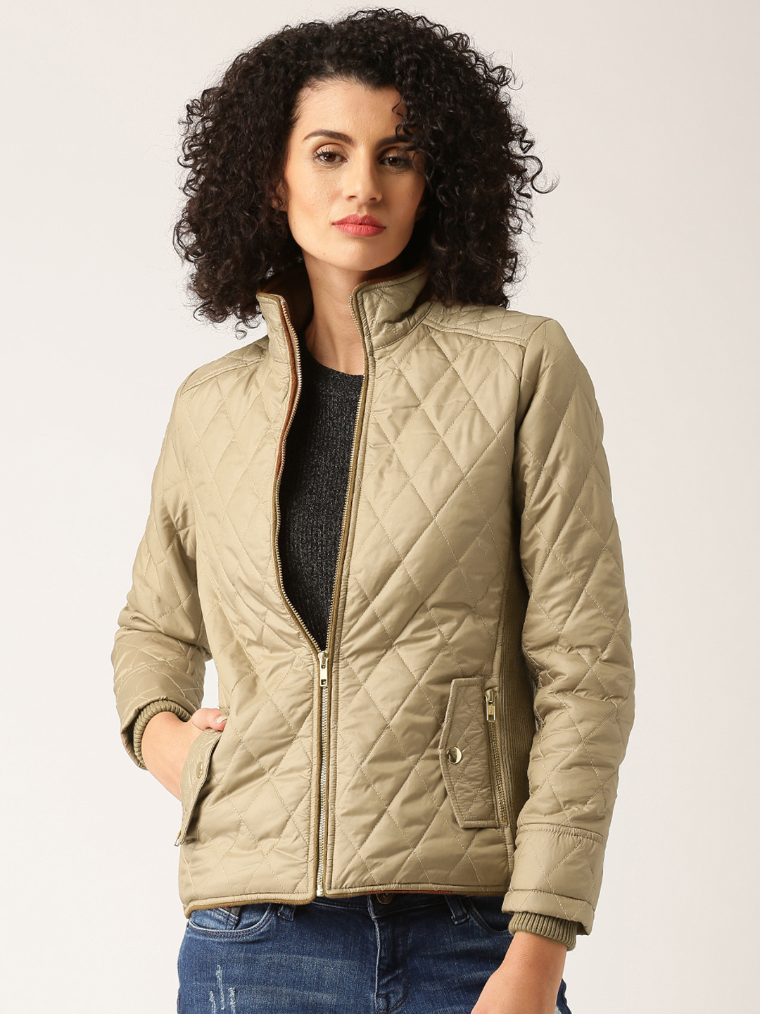 Buy DressBerry Khaki Quilted Jacket Jackets for Women 1379831 Myntra
