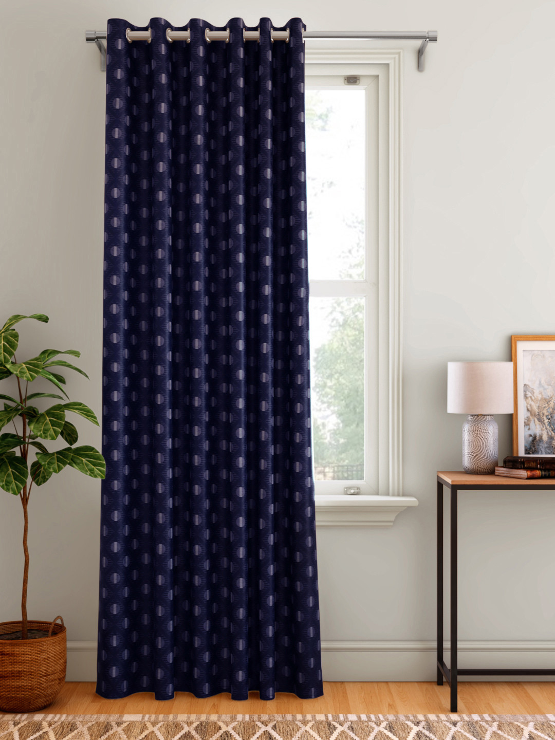 Buy Aura Navy Blue & White Geometric Patterned Single Door Curtain