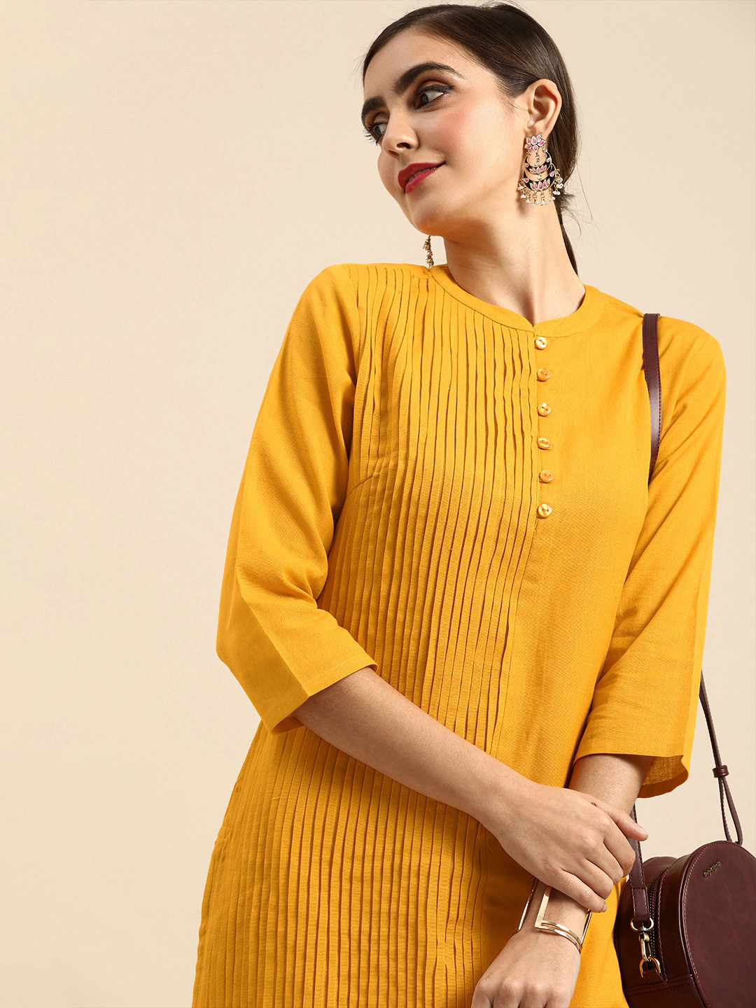 Buy Anouk Women Mustard Yellow Solid Pleated Kurta Kurtas for Women