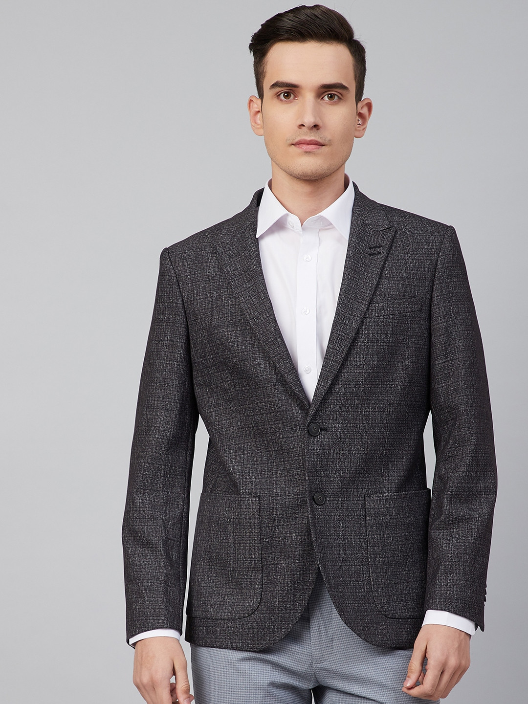 Buy Marks & Spencer Men Charcoal Grey Solid Single Breasted Slim Fit ...