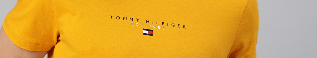 Buy Tommy Hilfiger Men Mustard Yellow Solid Round Neck Organic Cotton T Shirt With Logo Print ...