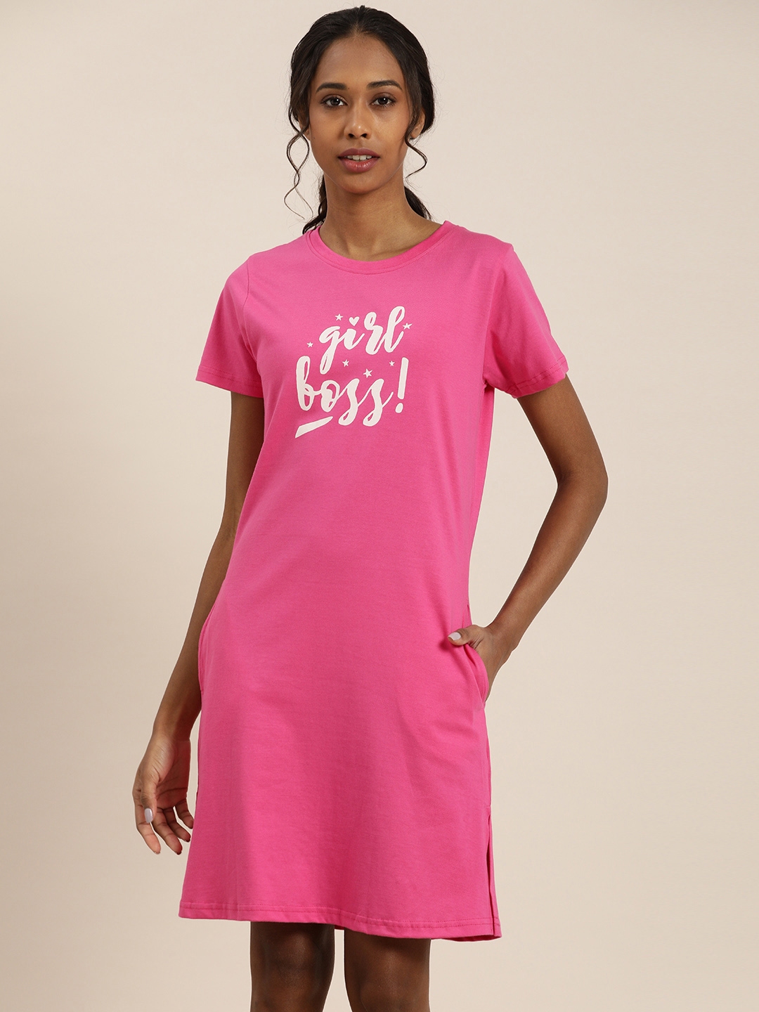 Buy Quarantine Pink Printed T Shirt Dress Dresses For Women 13835392