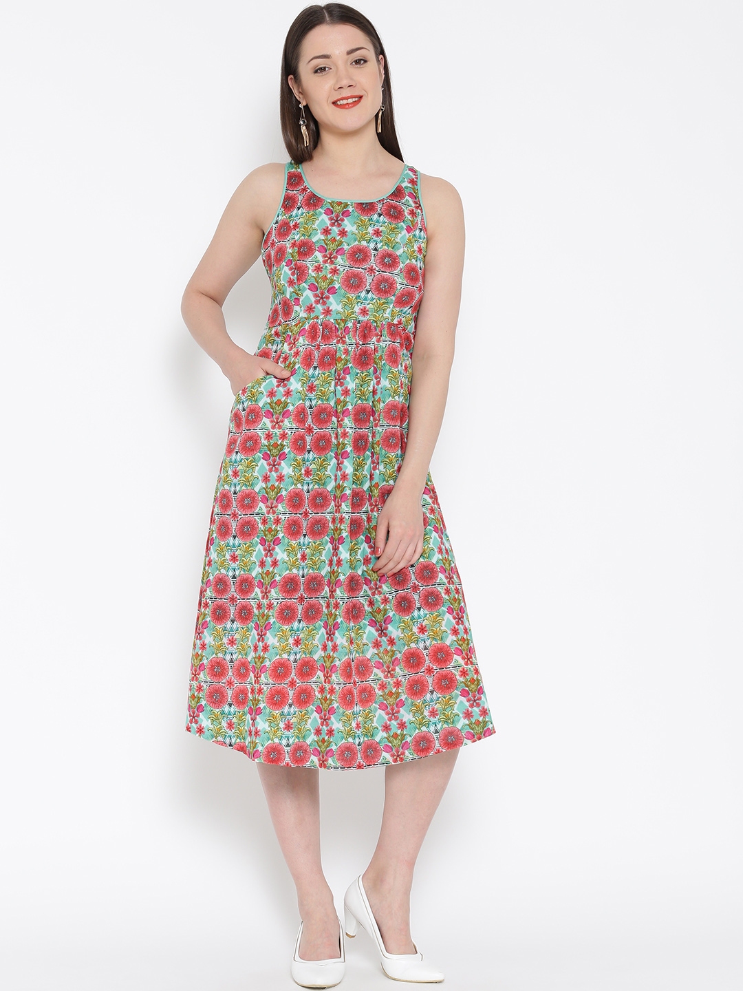 Buy Global Desi Sea Green & Pink Floral Print A Line Midi Dress ...