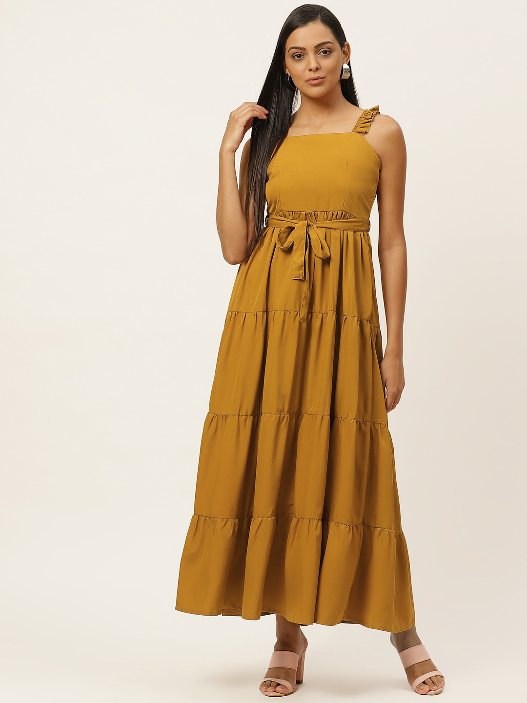 Buy U&F Women Mustard Yellow Solid Tiered Maxi Dress With Belt