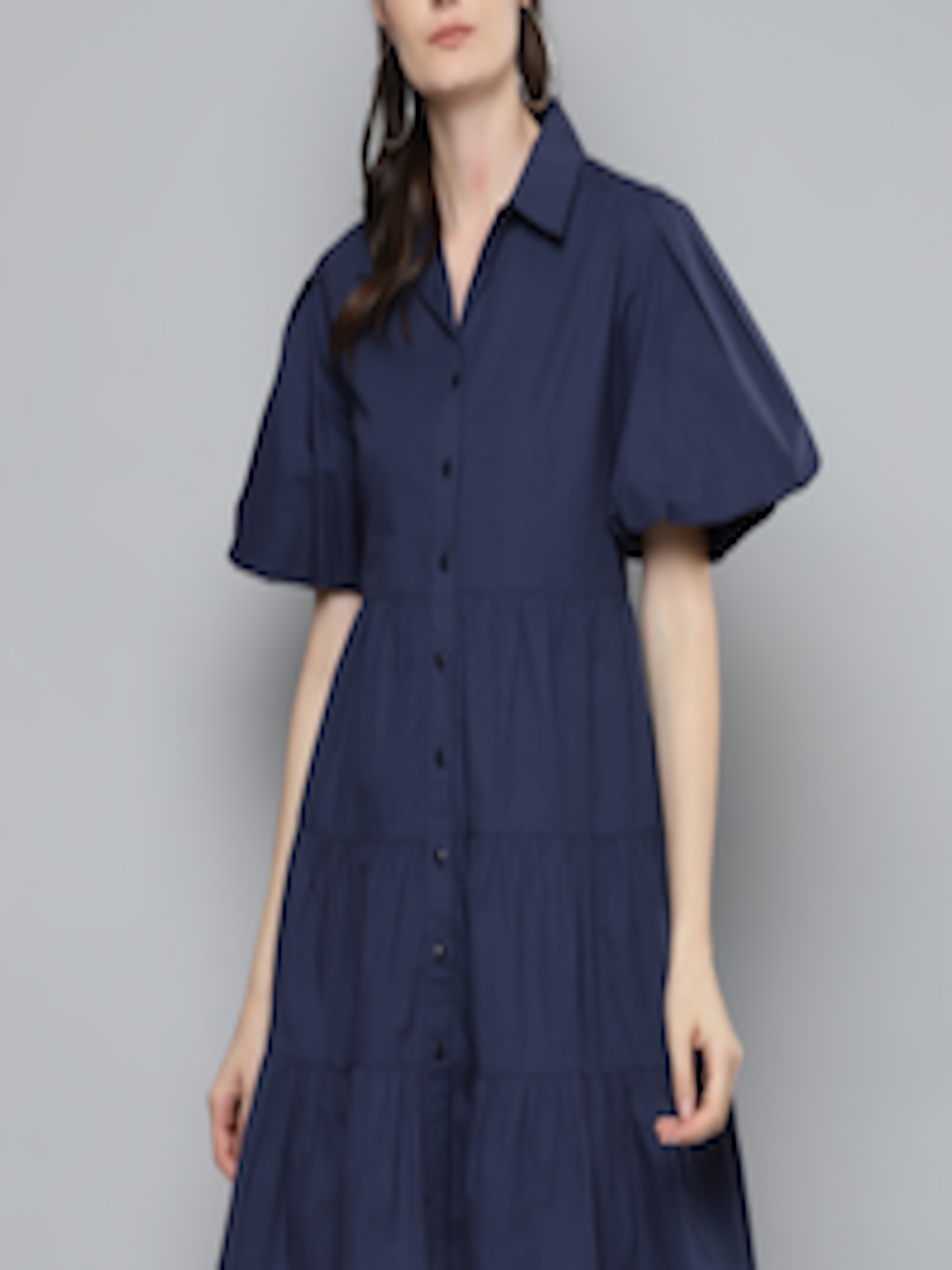 Buy SASSAFRAS Women Navy Blue Solid Cotton Fit And Flare Tiered Dress ...