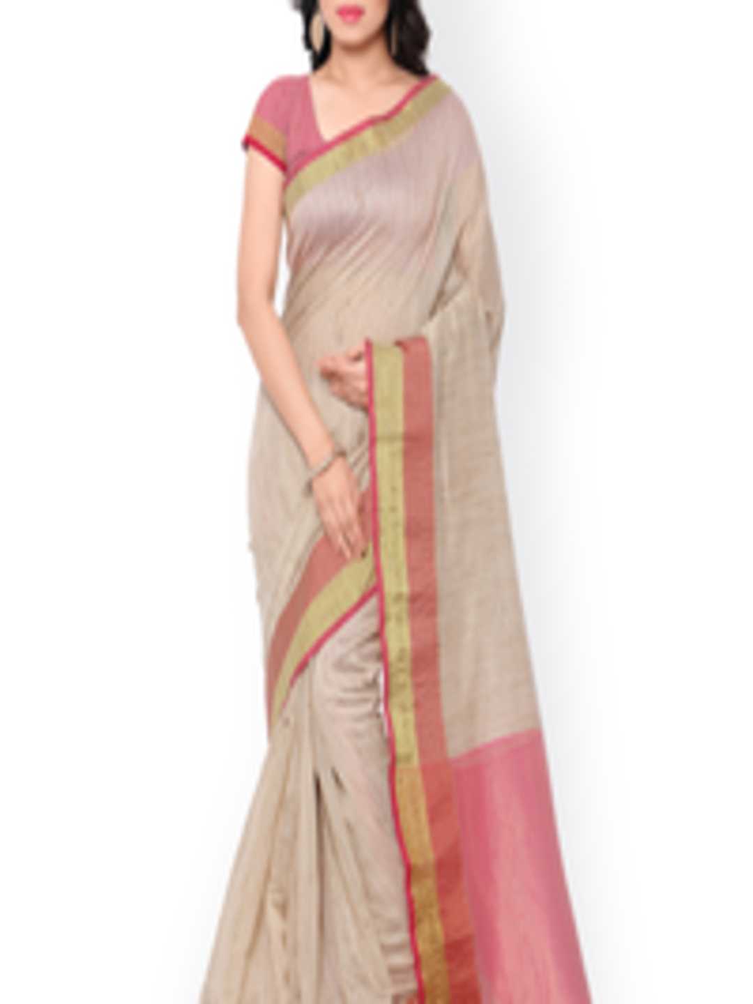 Buy Inddus Beige Handloom Banarasi Cotton & Art Silk Traditional Saree ...