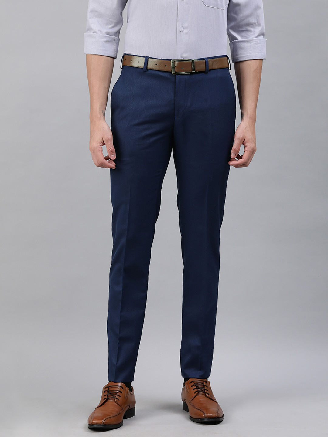 Buy Raymond Men Navy Blue Slim Fit Solid Formal Trousers - Trousers for ...