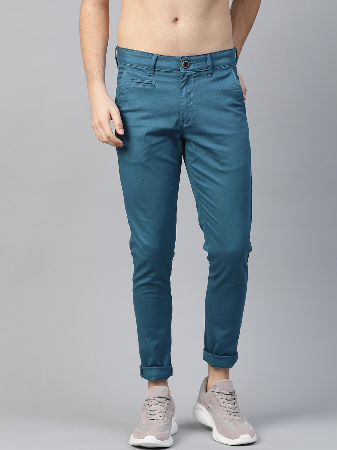 Buy Roadster Men Teal Blue Tapered Fit Regular Trousers - Trousers for ...