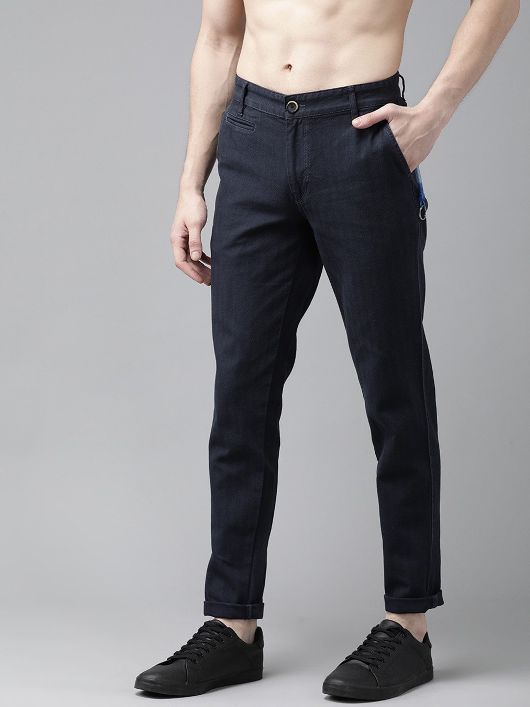 Buy Roadster Men Navy Blue Regular Fit Striped Trousers - Trousers for ...