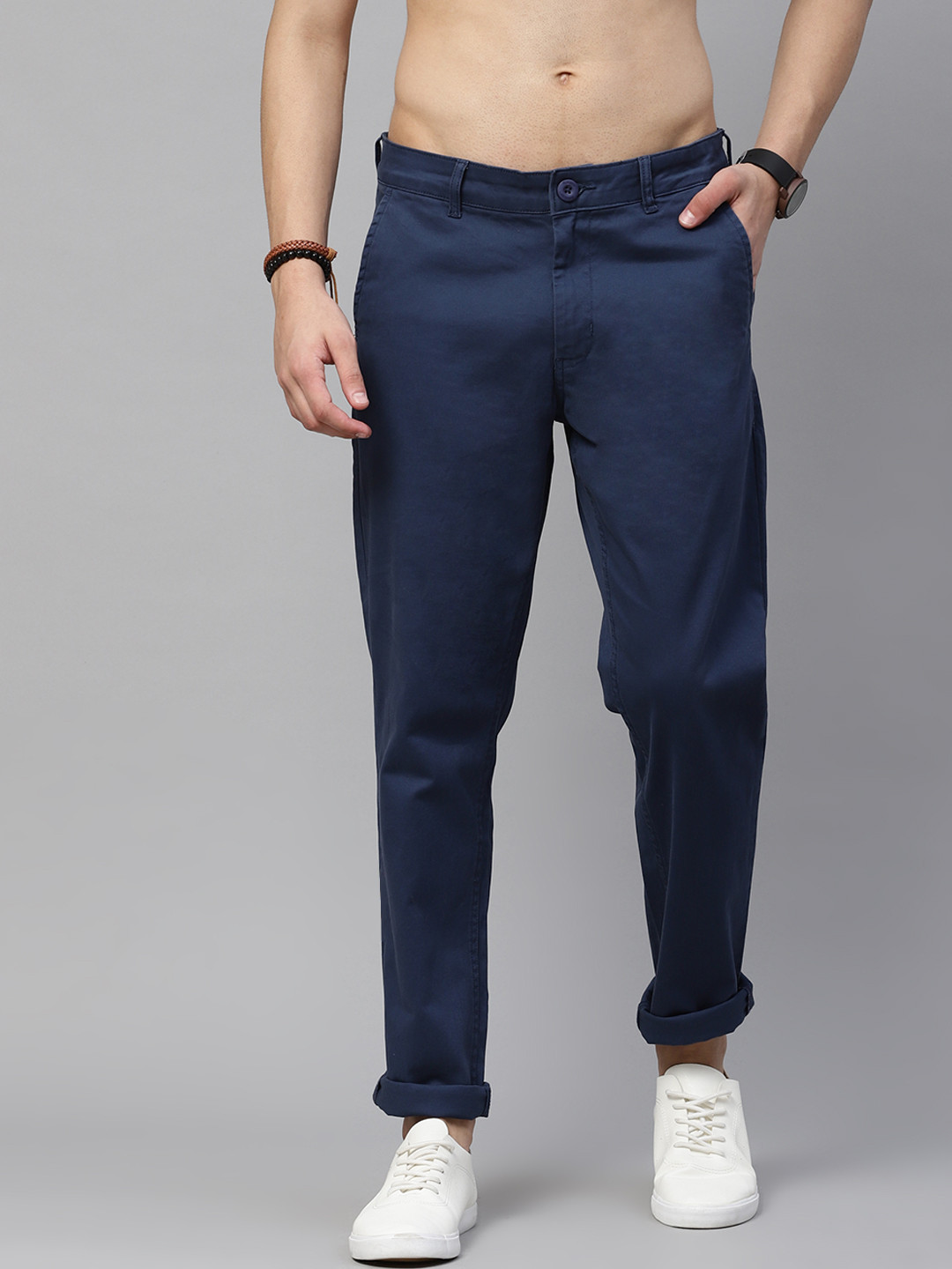 Buy Roadster Men Navy Blue Regular Fit Solid Chinos - Trousers for Men ...