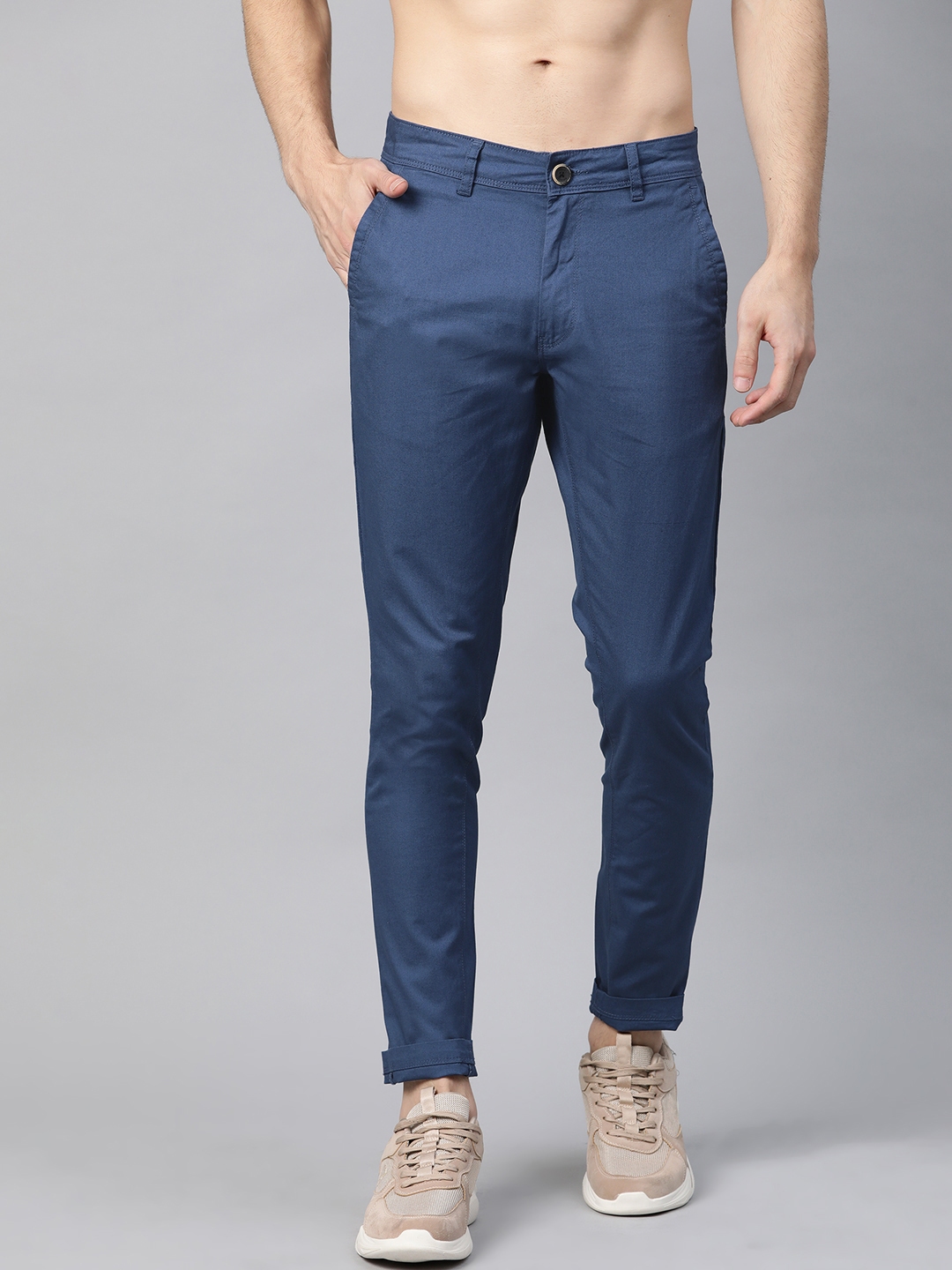 Buy Roadster Men Navy Blue Solid Slim Fit Regular Trousers - Trousers ...