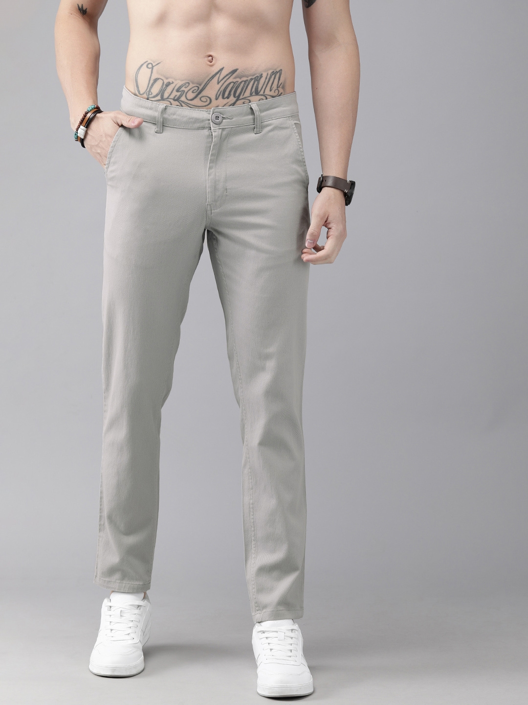 Buy Roadster Men Grey Regular Fit Solid Trousers - Trousers for Men ...