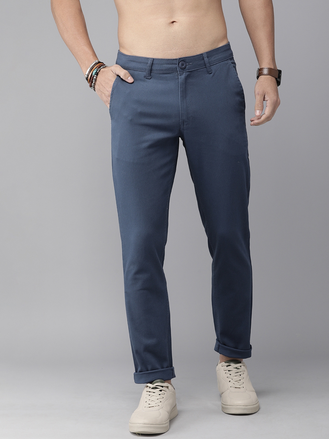 Buy Roadster Men Blue Regular Fit Solid Regular Trousers - Trousers for ...