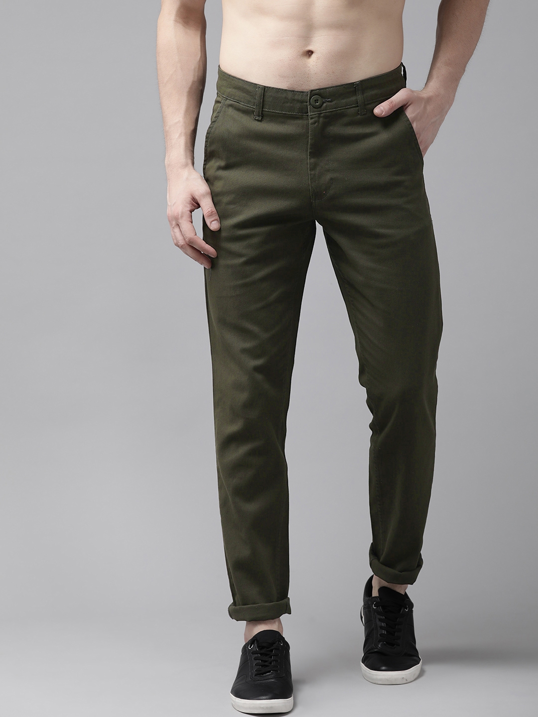 Buy Roadster Men Olive Green Regular Fit Solid Trousers - Trousers for ...