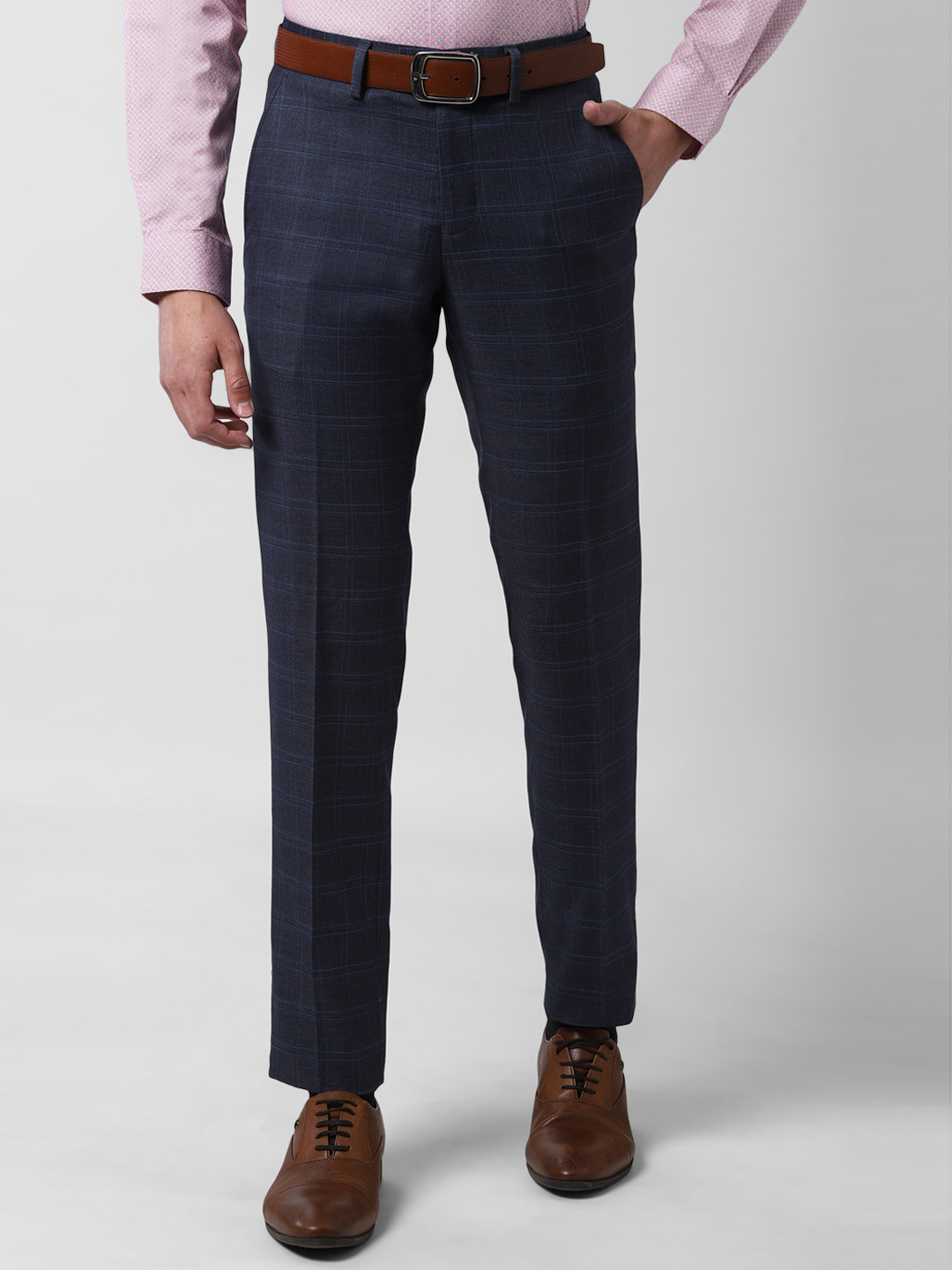 Buy Peter England Men Blue Checked Slim Fit Formal Trousers - Trousers ...
