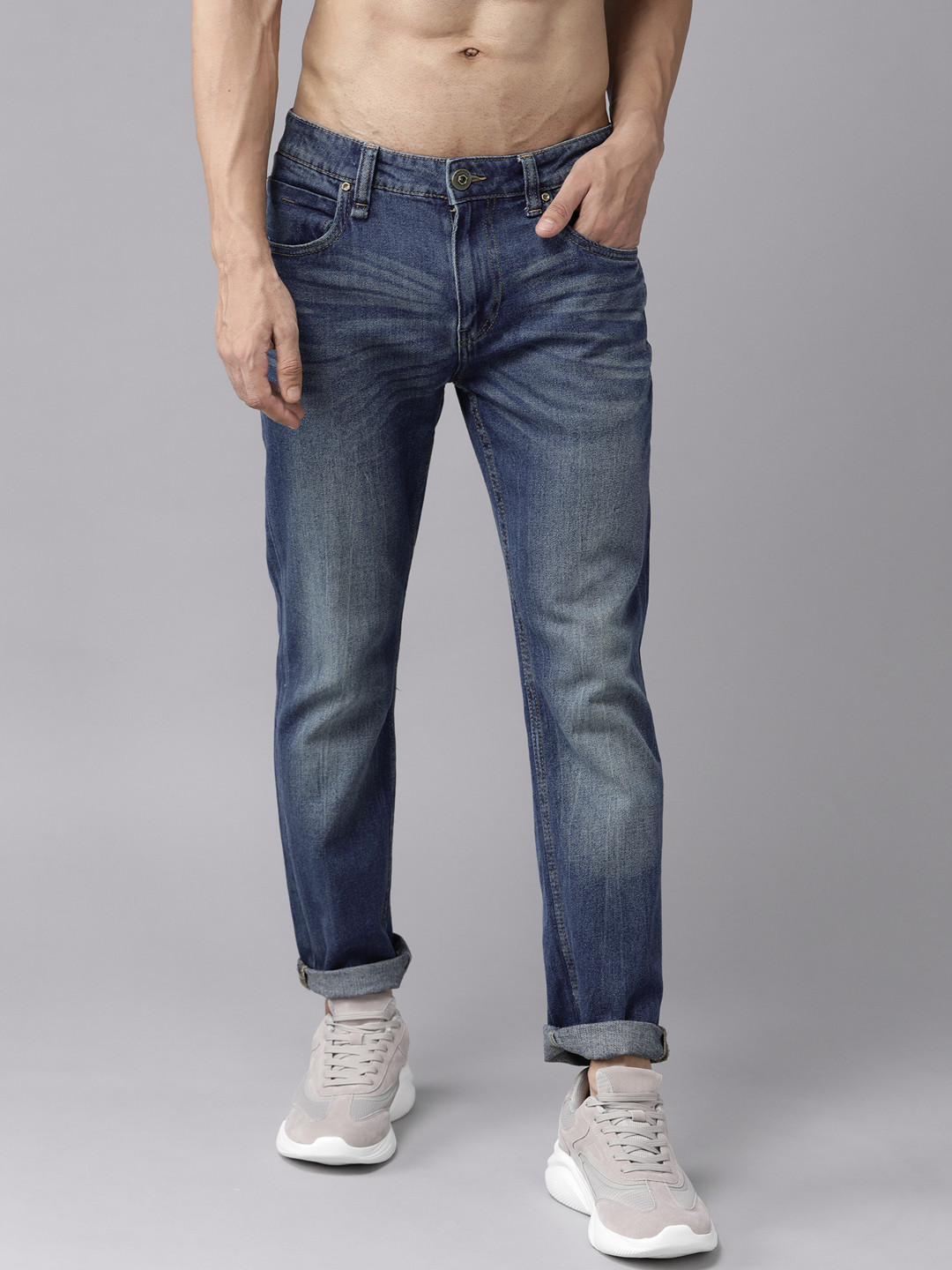 Buy Roadster Men Navy Blue Slim Fit Heavy Fade Stretchable Jeans ...