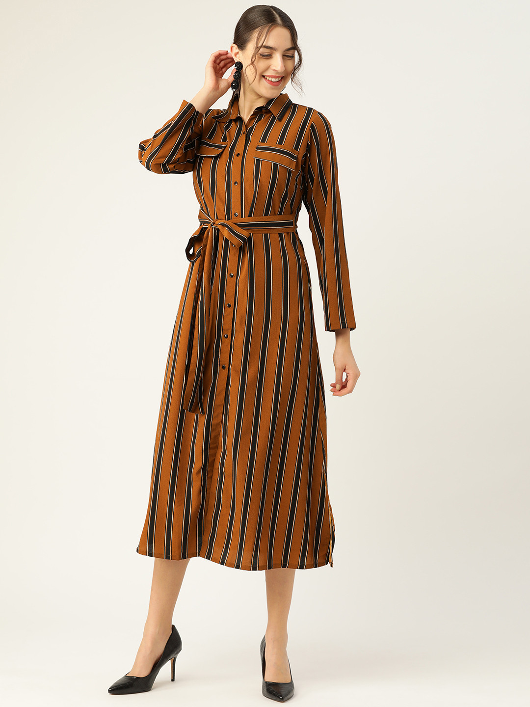 Buy PlusS Appealing Brown And Navy Blue Striped Midi Shirt Dress