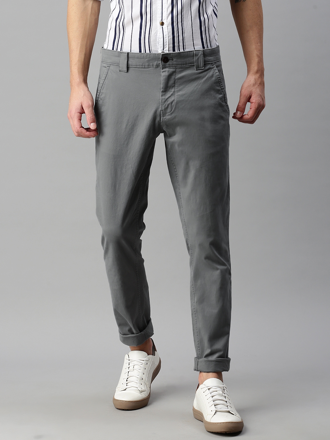 Buy Tommy Hilfiger Men Grey Solid Slim Fit Chinos Trousers - Trousers ...