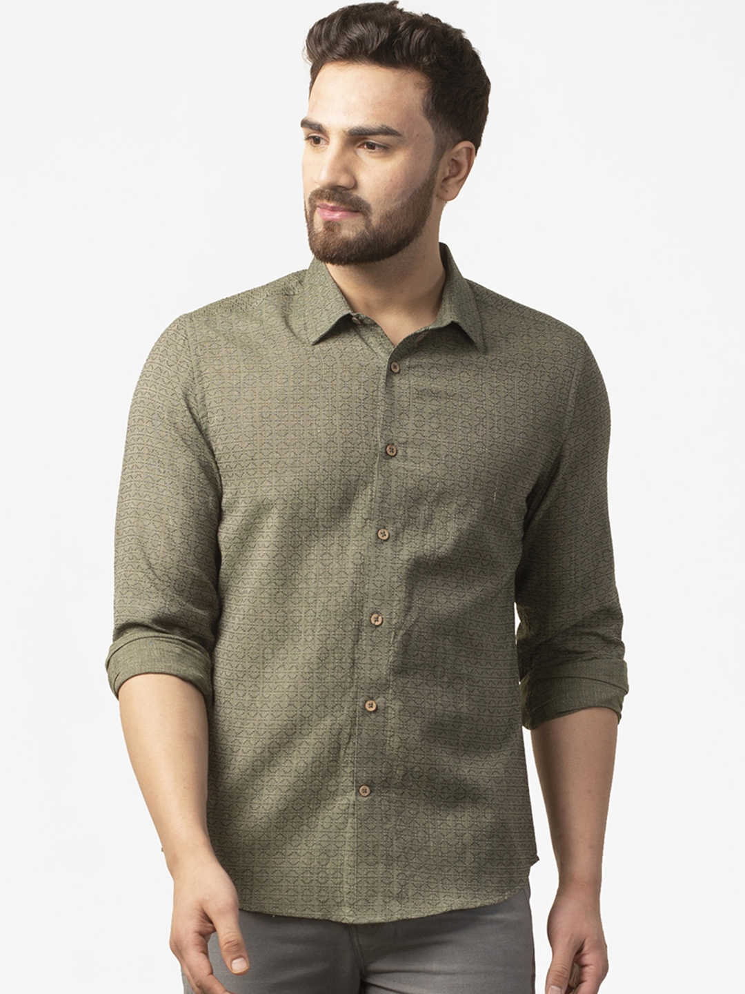 Buy Fabindia Men Green Slim Fit Self Design Pure Cotton Casual Shirt ...