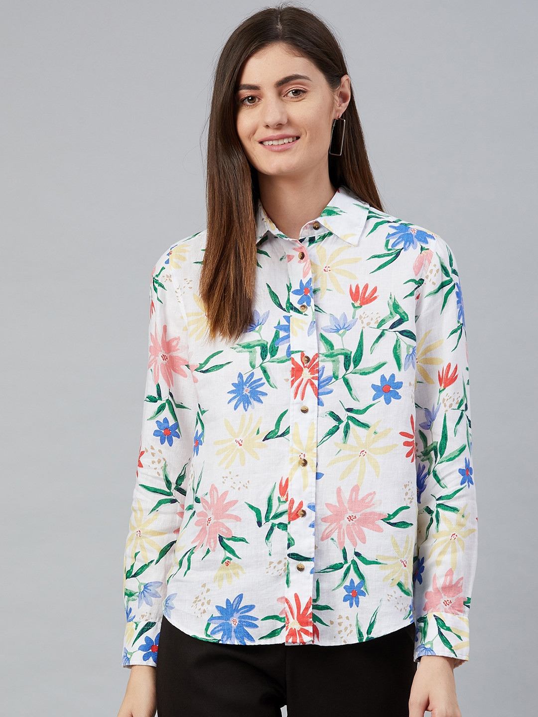 Buy Marks & Spencer Women White & Green Pure Linen Chest Pocket Floral Print Casual Shirt