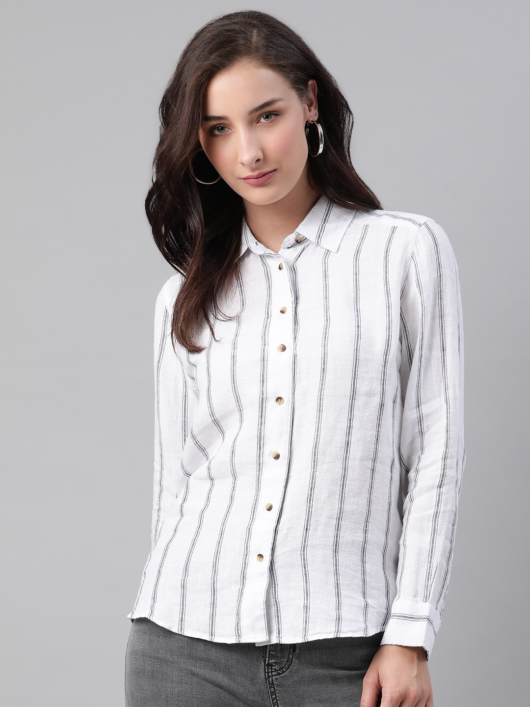 Buy Marks & Spencer Women White & Black Regular Fit Striped Casual