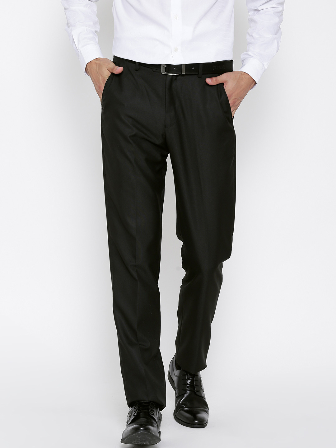 Buy Peter England Men Black Solid Slim Fit Flat Front Trousers