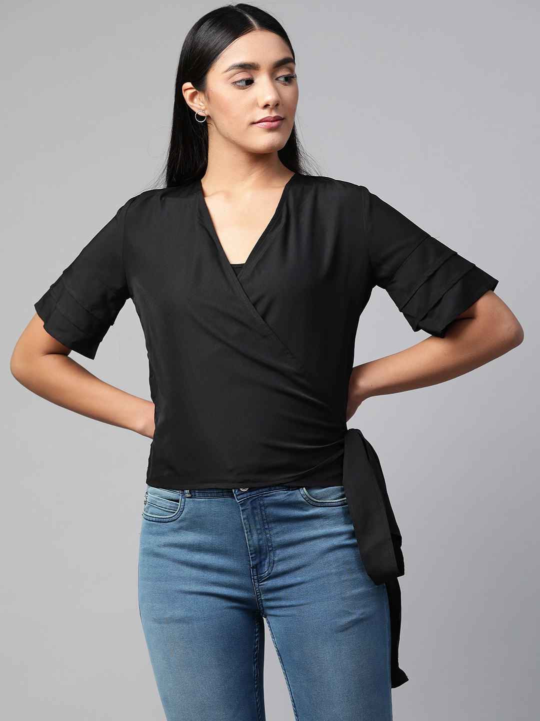 Buy ATRAENTA Black Flared Sleeves Wrap Top Tops for Women 13883138