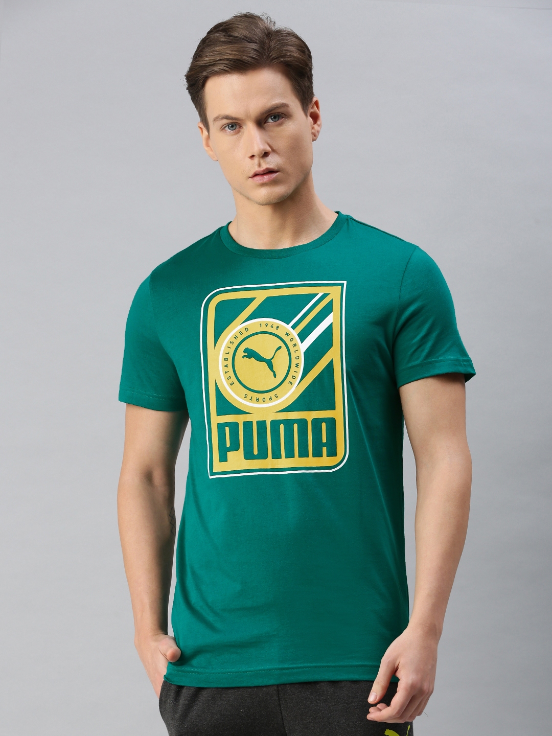 Buy Puma Men Green Brand Logo Printed 26 Pure Cotton T Shirt Tshirts For Men 13887670 Myntra