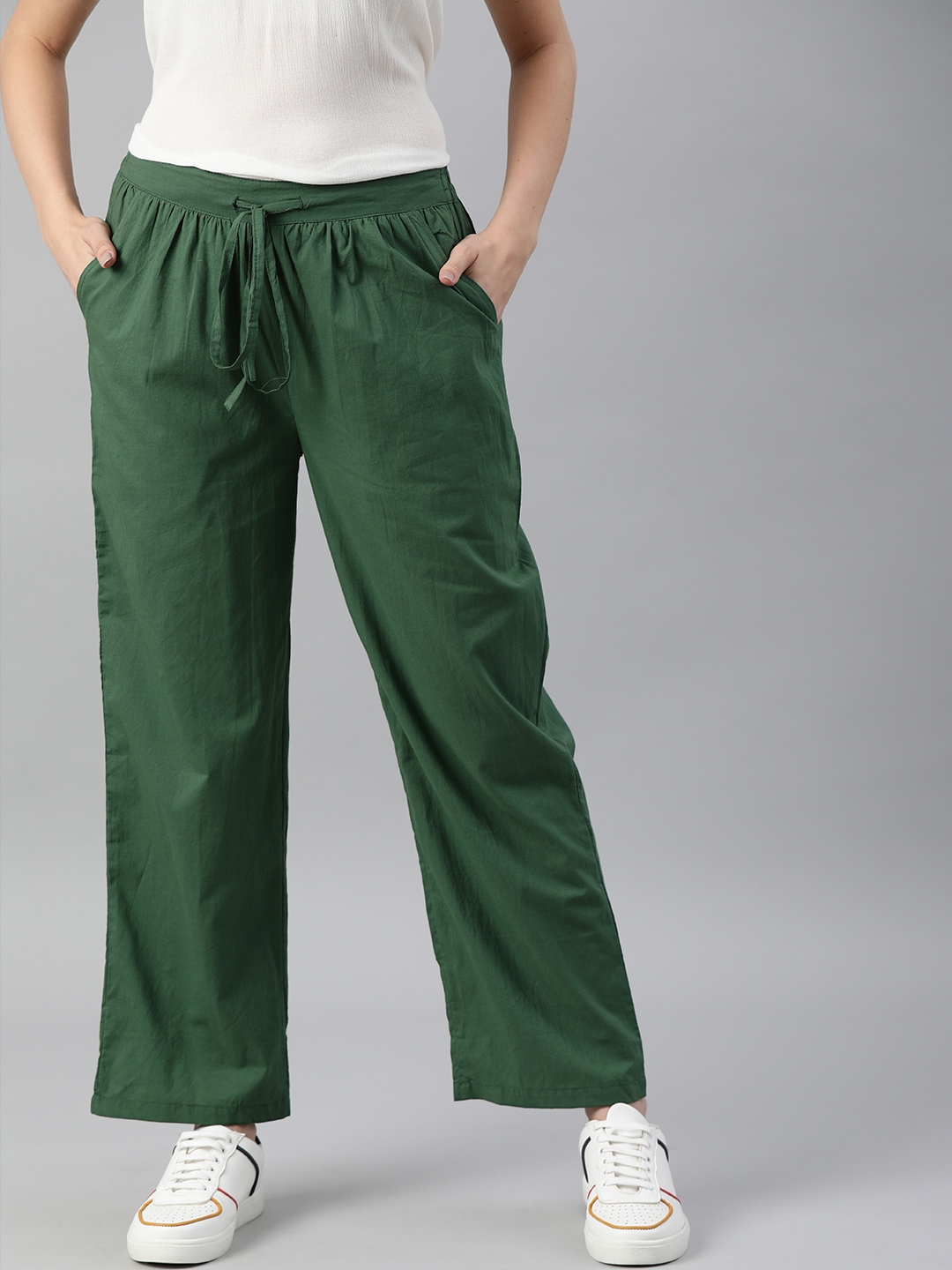 Buy HERE&NOW Women Green Solid Straight Fit Trousers Trousers for