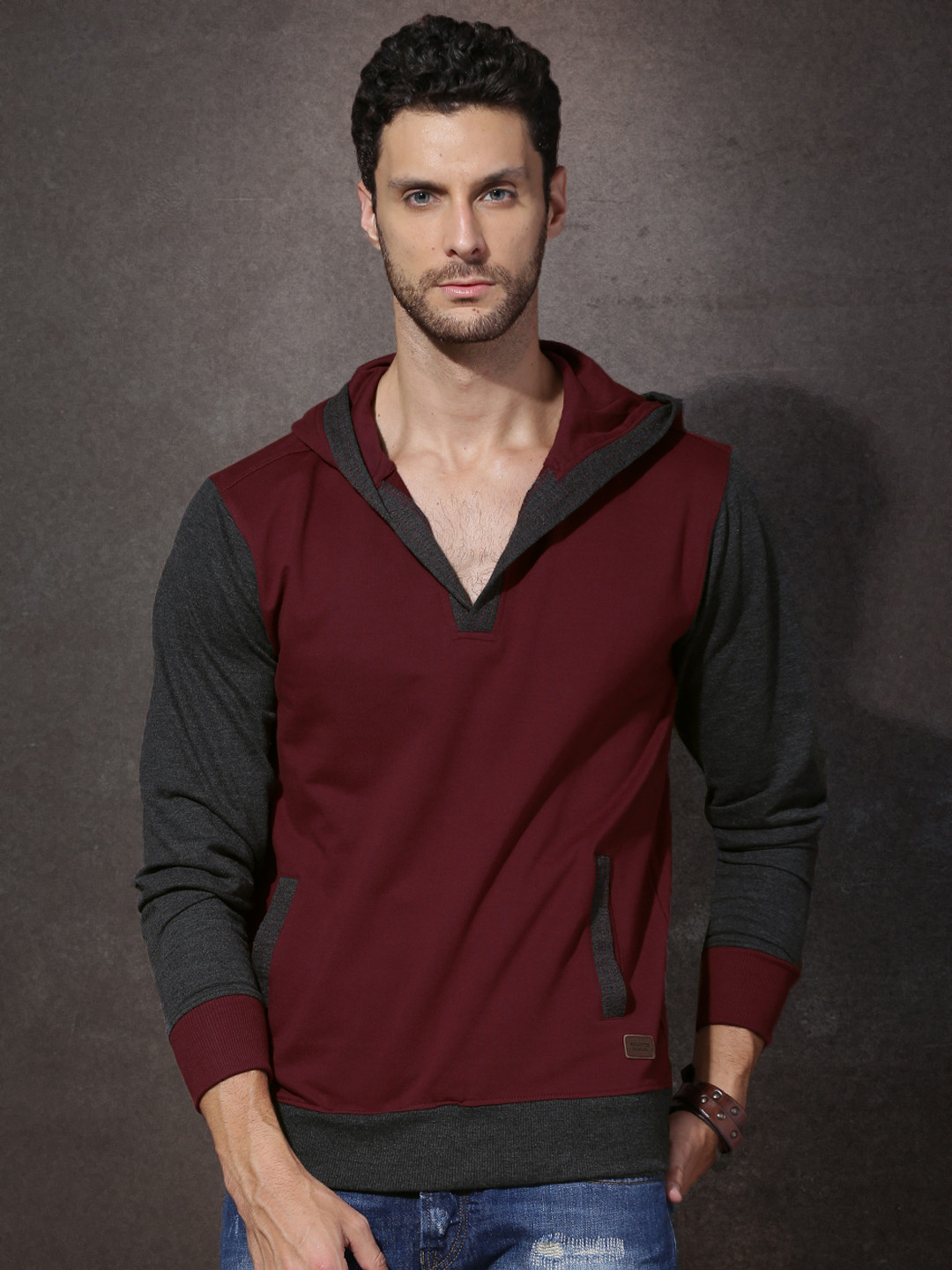 Buy Roadster Burgundy & Charcoal Grey Colourblocked Hooded Sweatshirt