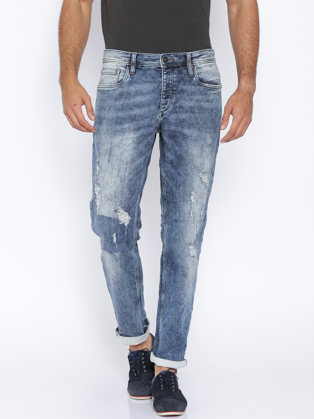 Buy Jack & Jones Blue Comfort Fit Distressed Stretchable Jeans - Jeans for Men 1390656 | Myntra