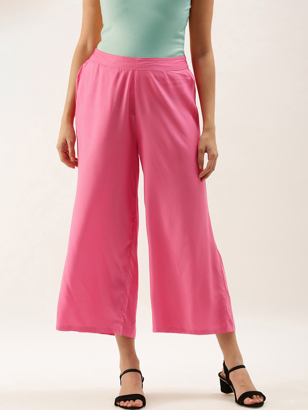 Women Fuchsia Pink Solid Wide Leg Palazzos