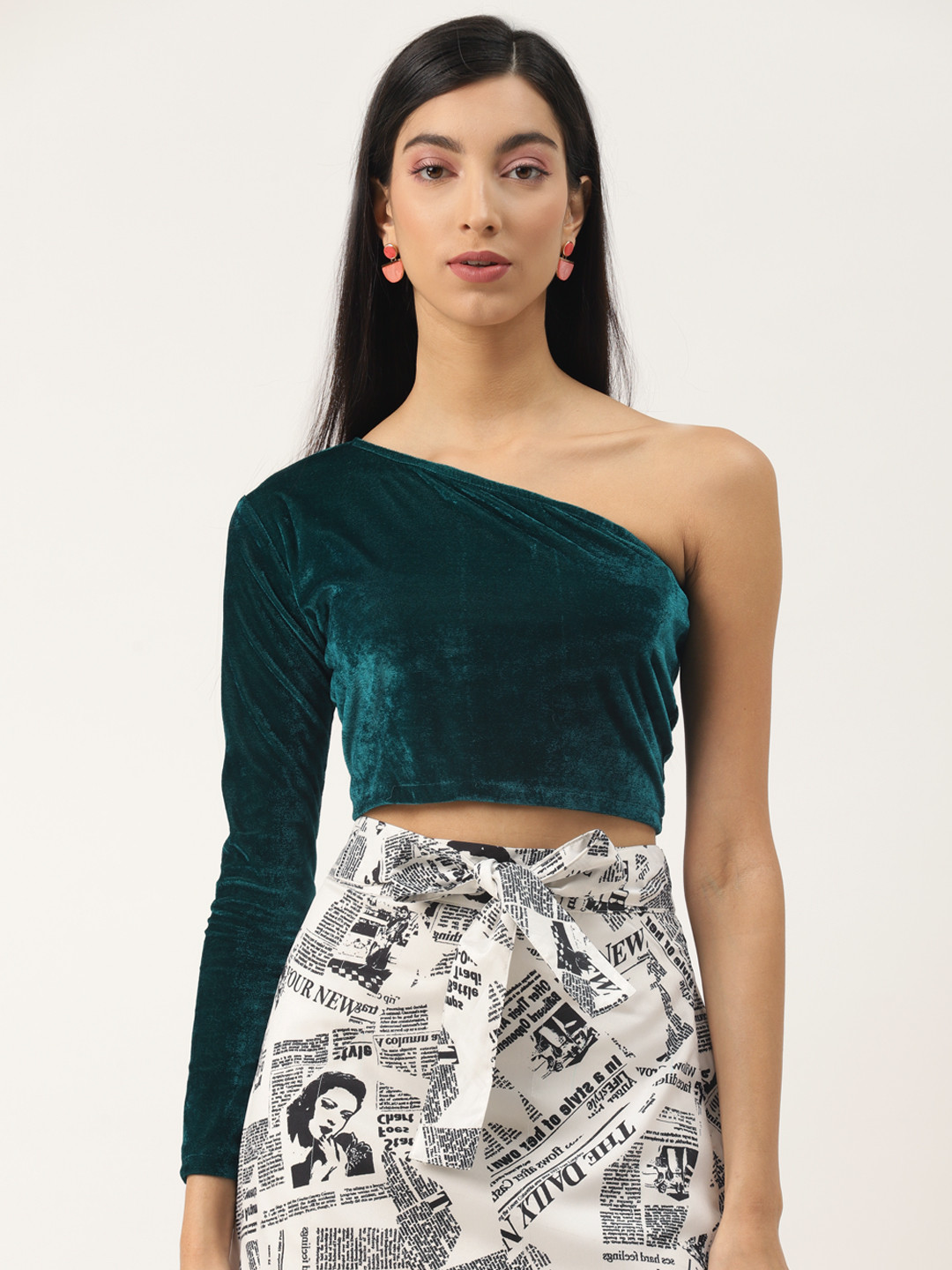Buy Trend Arrest Teal Green One Shoulder Velvet Fitted Crop Top Tops