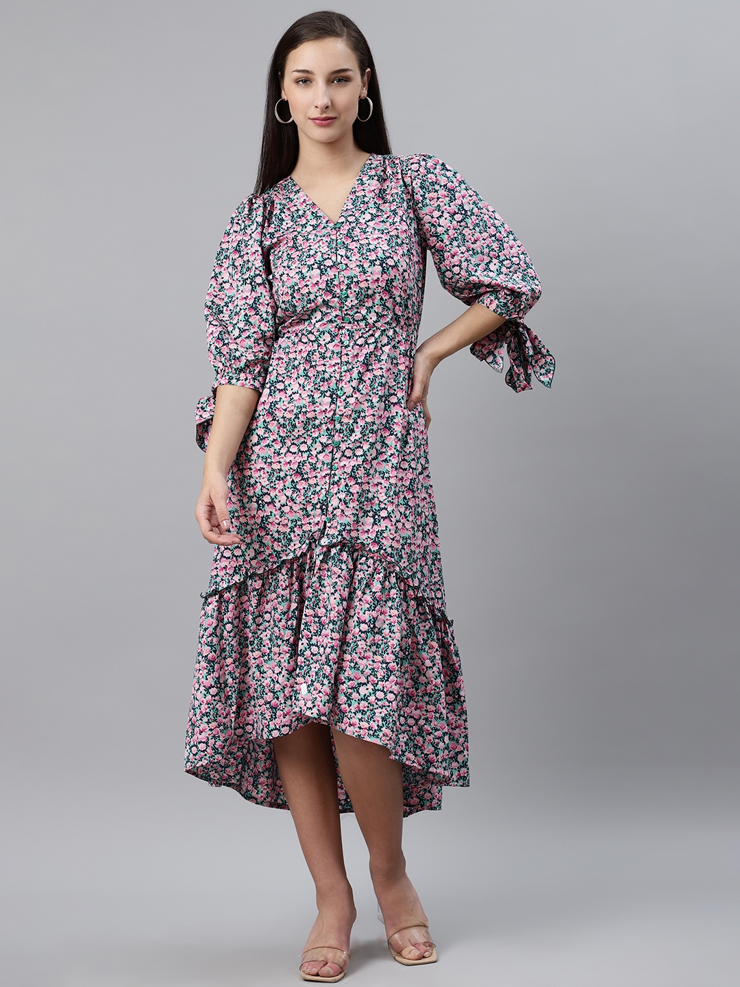 Buy PlusS Women Green & Pink Floral Print Midi A Line Dress - Dresses ...