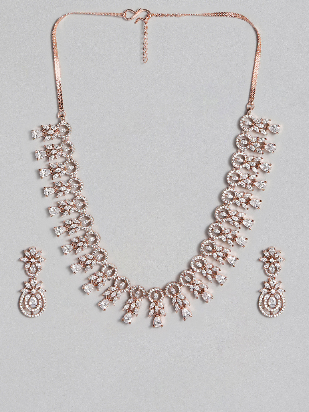 Buy Justpeachy White Rose Gold Plated AD Studded Jewellery Set