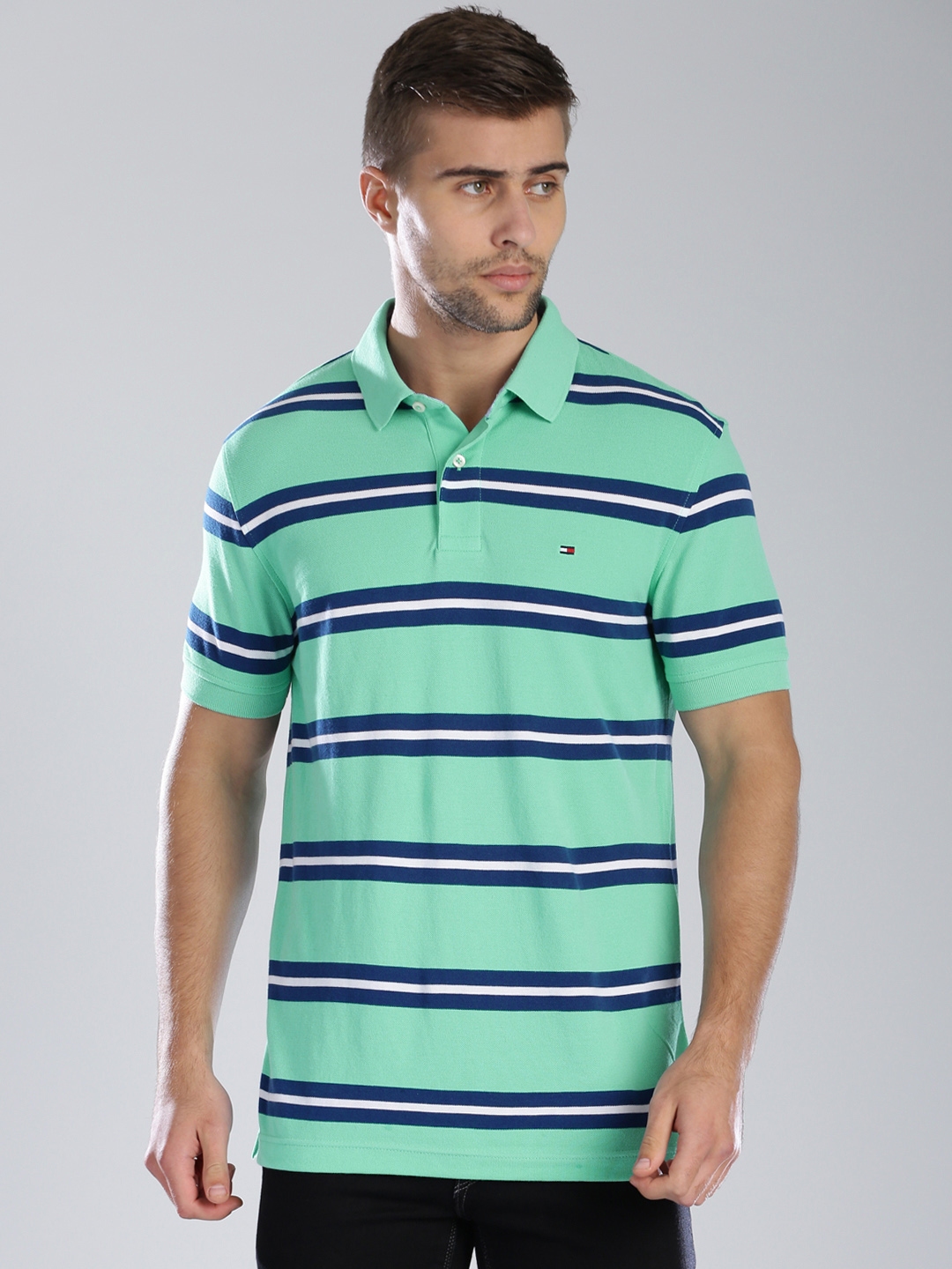 Buy Tommy Hilfiger Green Blue Striped Polo Pure Cotton T Shirt ...