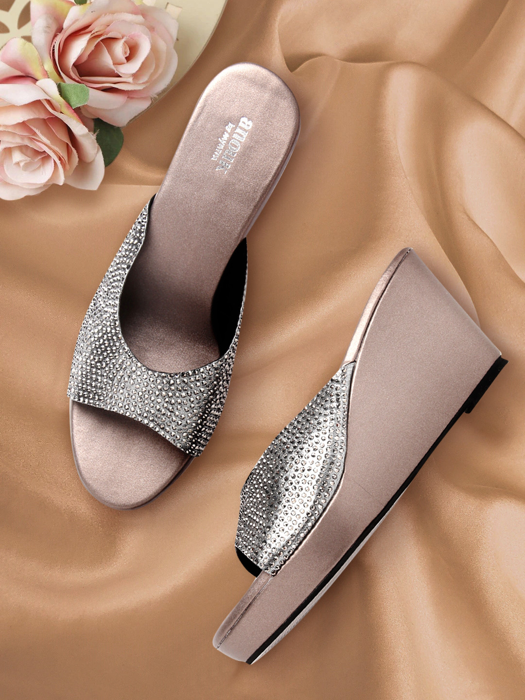 Buy Anouk Gunmetal Toned Embellished PU Wedge Sandals Heels for Women