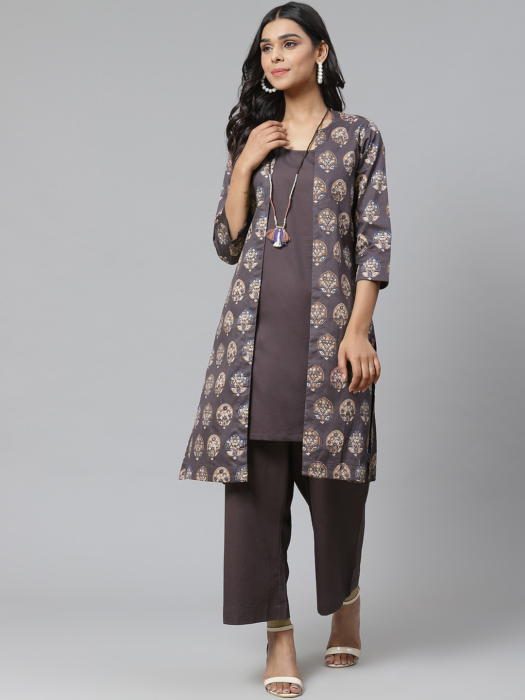 Buy Biba Women Charcoal Grey & Pink Solid Kurta With Palazzos & Ethnic