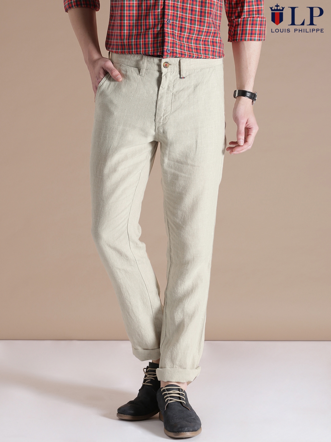 Buy Louis Philippe Beige Linen Sundance Fit Casual Trousers - Trousers for Men 1393029 | Myntra