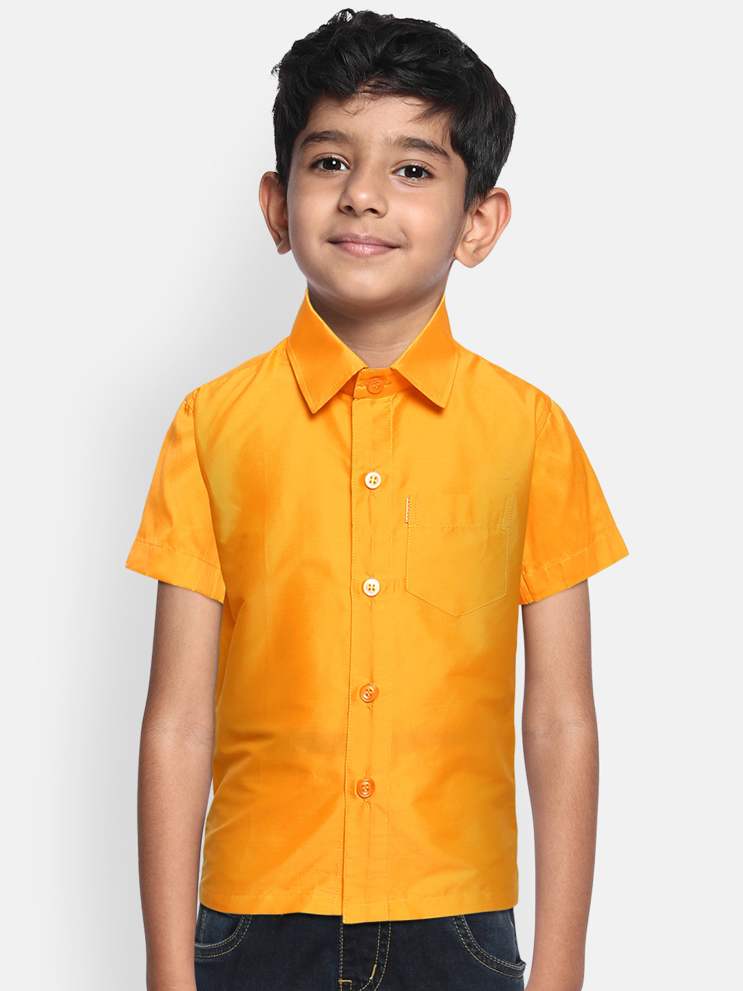 Buy THANGAMAGAN Boys Mustard Yellow Regular Fit Solid Ethnic Silk Shirt