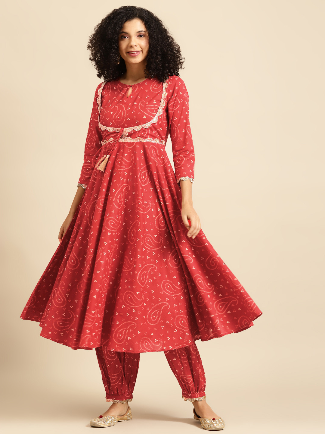 Women Maroon Bandhani Embroidered Regular Kurta with Trousers