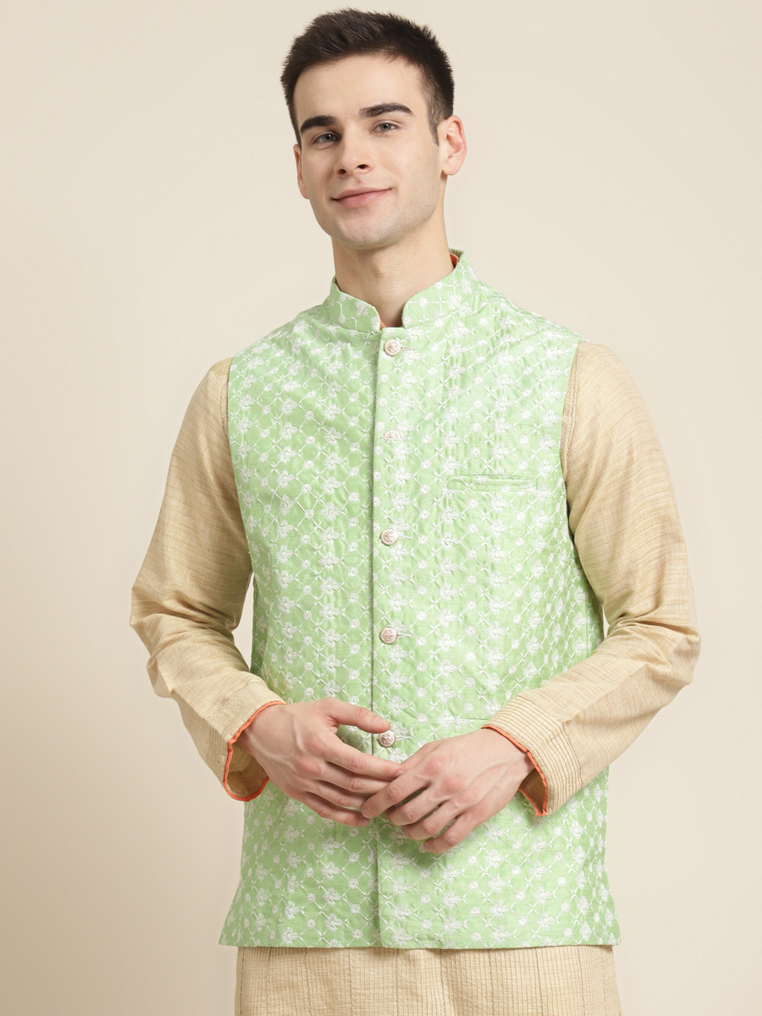 Buy Sojanya Men Green & White Embroidered Nehru Jacket Nehru Jackets