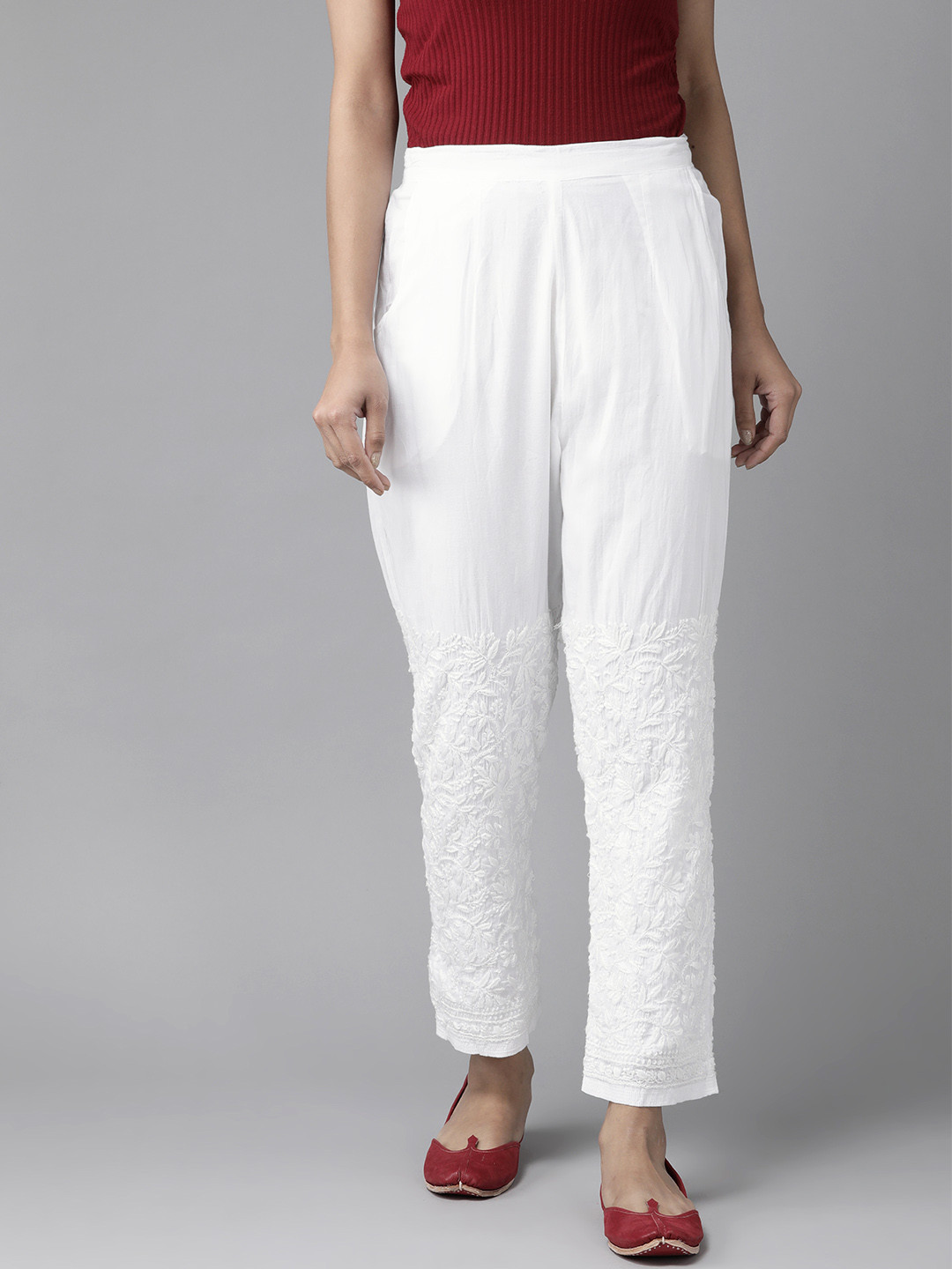 Buy ADA Women White Chikankari Hand Embroidered Cotton Regular Trousers - Trousers for Women 