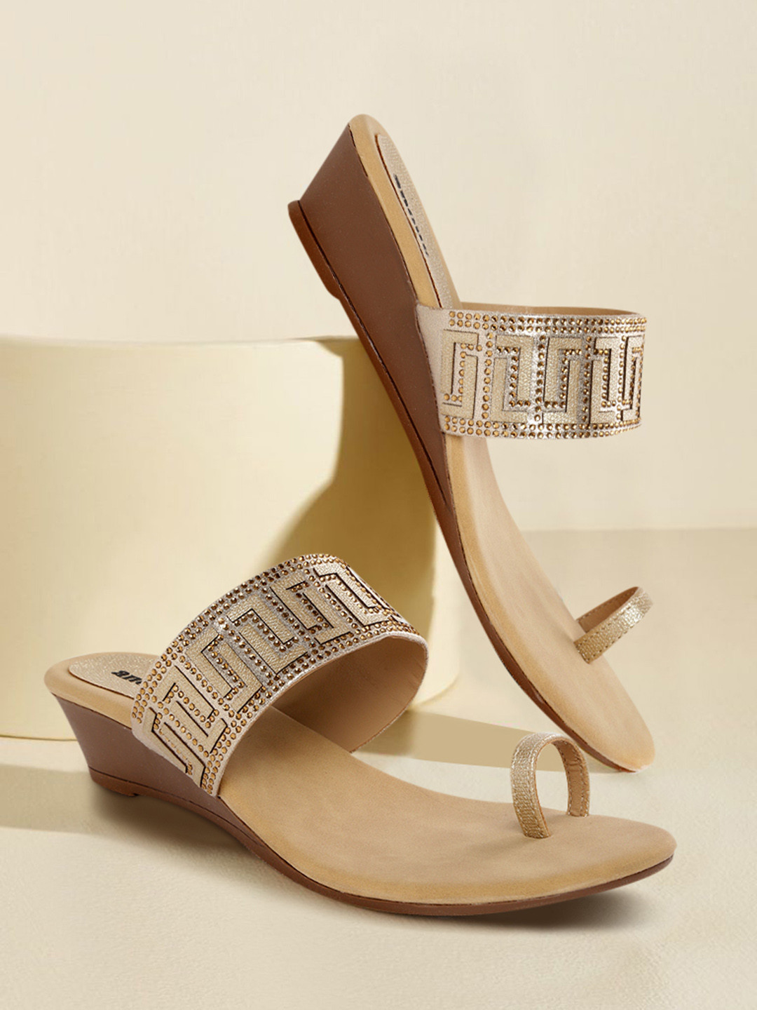 Buy Anouk Women Muted Gold Toned Ethnic Embellished One Toe Wedges