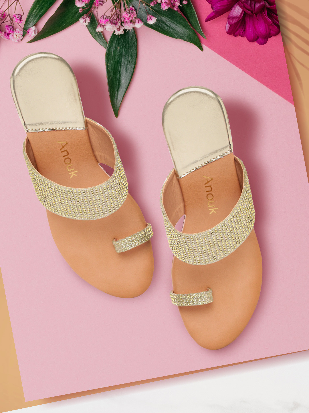 Buy Anouk Women Muted Gold Toned Ethnic Embellished One Toe Wedges