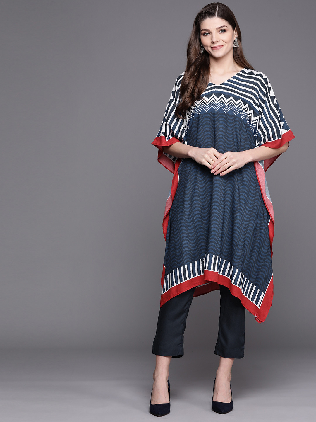 Buy Biba Women Navy Blue & White Printed Dipped Hem Kaftan Kurta With