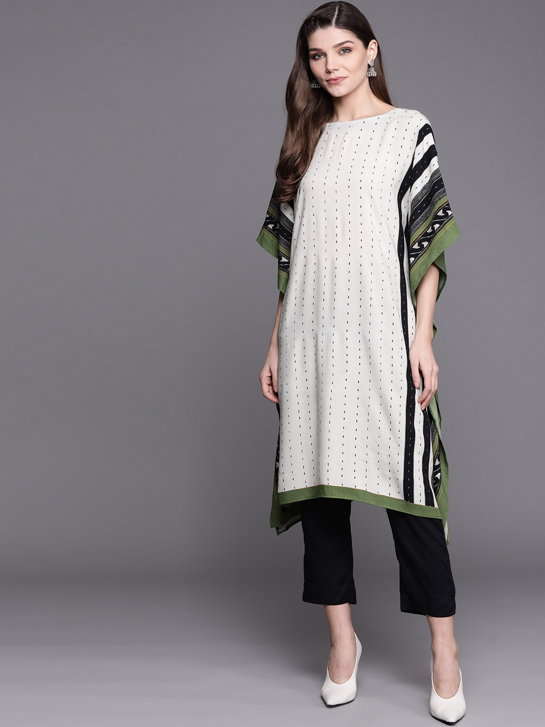 Buy Biba Women Off White & Green Printed Kaftan Kurta With Trousers