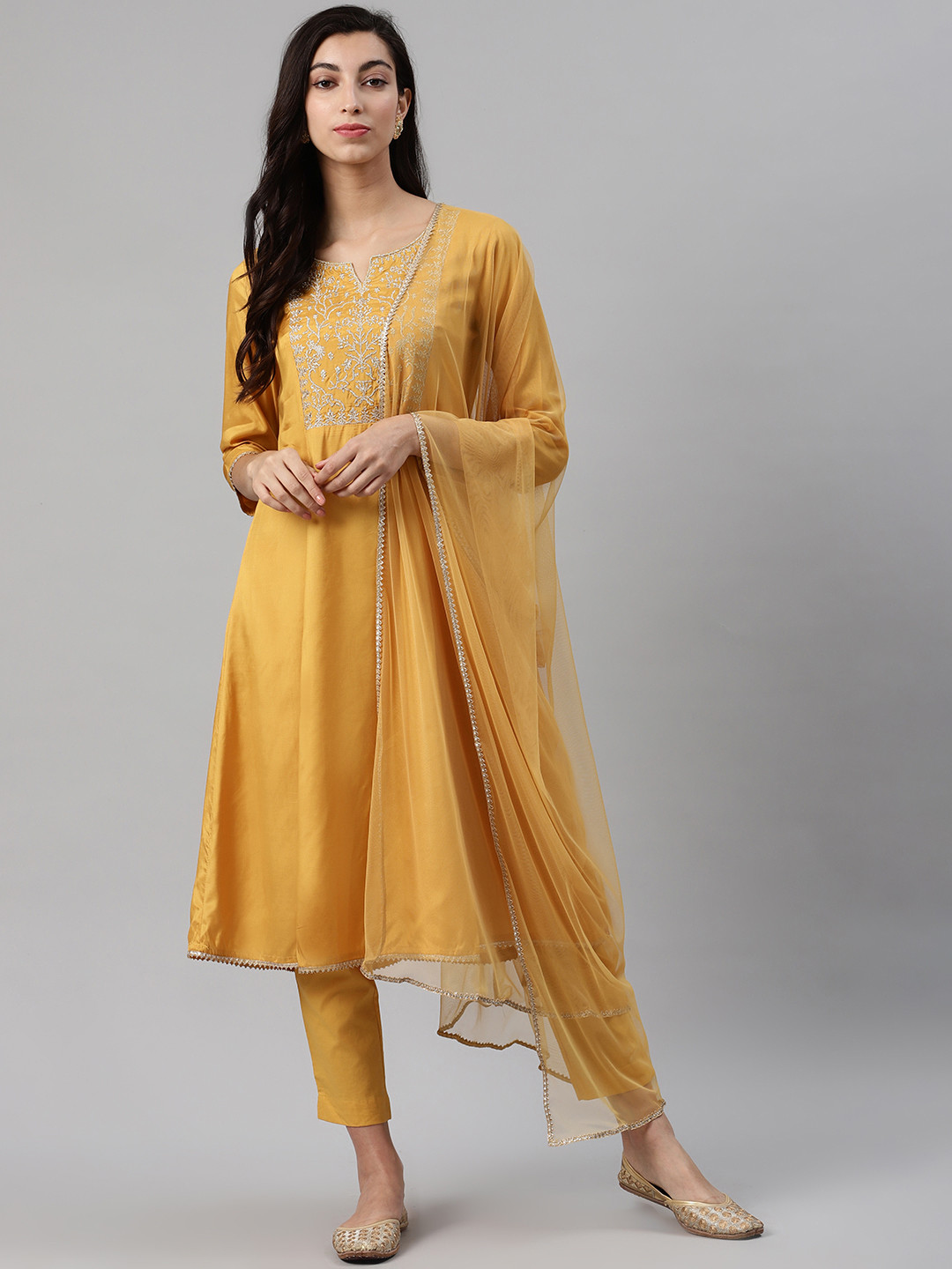 Buy Biba Women Mustard Yellow Yoke Design Kurta With Trousers & Dupatta