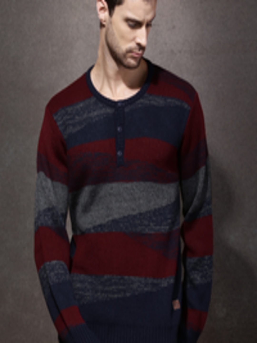 Buy Roadster Men Maroon & Navy Striped Sweater - Sweaters for Men ...