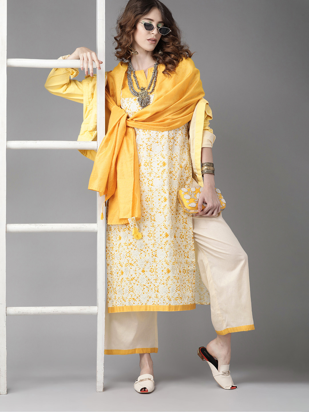 Indo Era Off White Printed A-Line Kurta Trousers Set